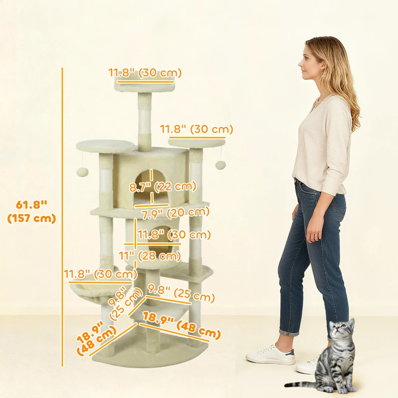 PawHut 62" Cat Tree with Scratching Post, 2 Condos, Hammock, Perches, Plush, Pompoms, for Indoor Cats, Beige