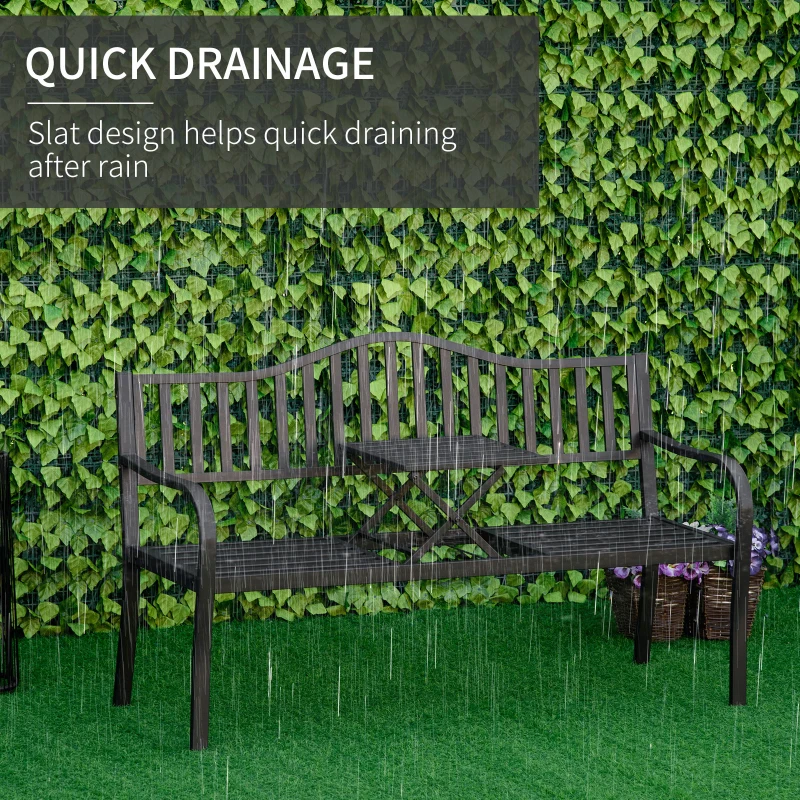 Outsunny Metal Outdoor Bench with Liftable Middle Table, Patio Loveseat, Garden Bench for Lawn, Porch, Seats 2–3 People, Black