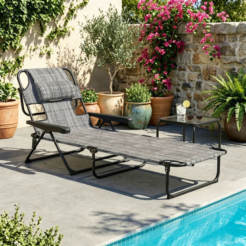 Outsunny Folding Lounge Chair w/ Reclining Back, Mixed Grey