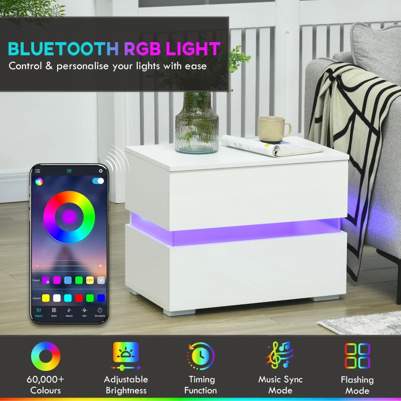 HOMCOM Modern Nightstand, Bedside Table with 2 Drawers, RGB LED Lights for Bedroom, White