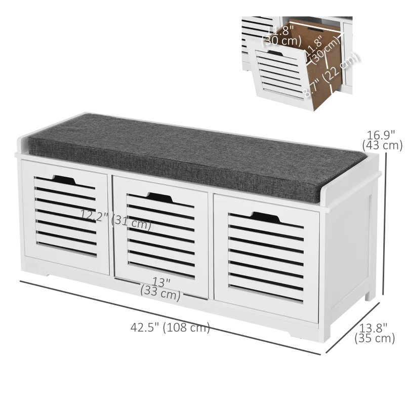 HOMCOM Upholstered Shoe Cabinet Storage Bench with Padded Cushion, with 3 drawer Enough Storage Space Bench Stool for Living Room Entryway Furniture, White
