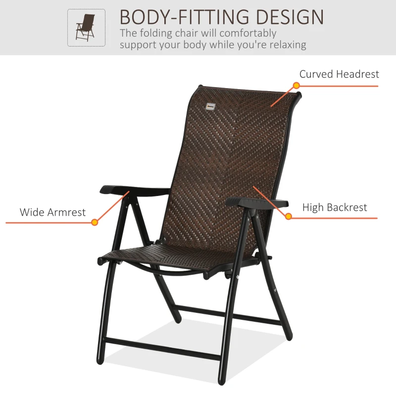 Outsunny Rattan Reclining Folding Chair Set of 2, Outdoor Wicker Portable Recliner with 7 Adjustable Backrest Position for Garden, Balcony, Patio, Brown