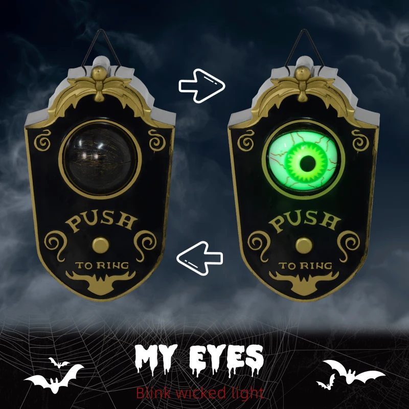 HOMCOM Halloween Decoration Animatronic, Doorbell w/ Realistic Light-up Eyeball, Sound and Motion Prop Activated for Party