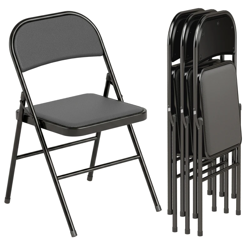 HOMCOM Set of 4 Metal Foldable Chairs, PU Leather Padded Folding Chairs with Cushion Seat and Open Back for Indoor, Black