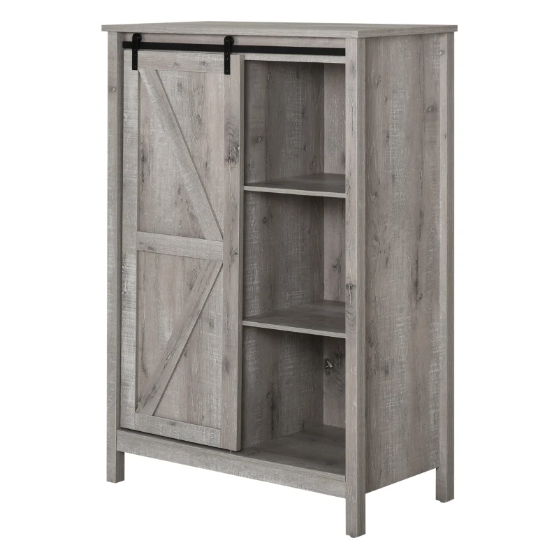 HOMCOM Farmhouse Accent Cabinet, Kitchen Cupboard Storage Cabinet with Barn Door and Adjustable Shelf, Gray Oak