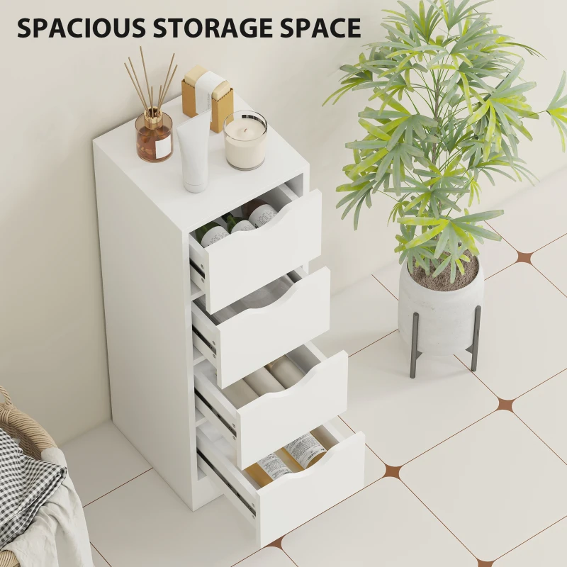 HOMCOM 4-Drawer Bathroom Cabinet, Freestanding Narrow Storage Cabinet with Groove Handles for Small Spaces, White