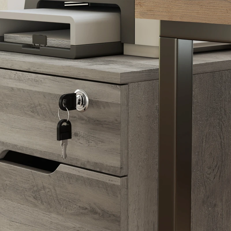 HOMCOM Filing Cabinet with Power Outlets File Cabinet Lockable Casters File Drawer Side Cubbies Light Grey Brown