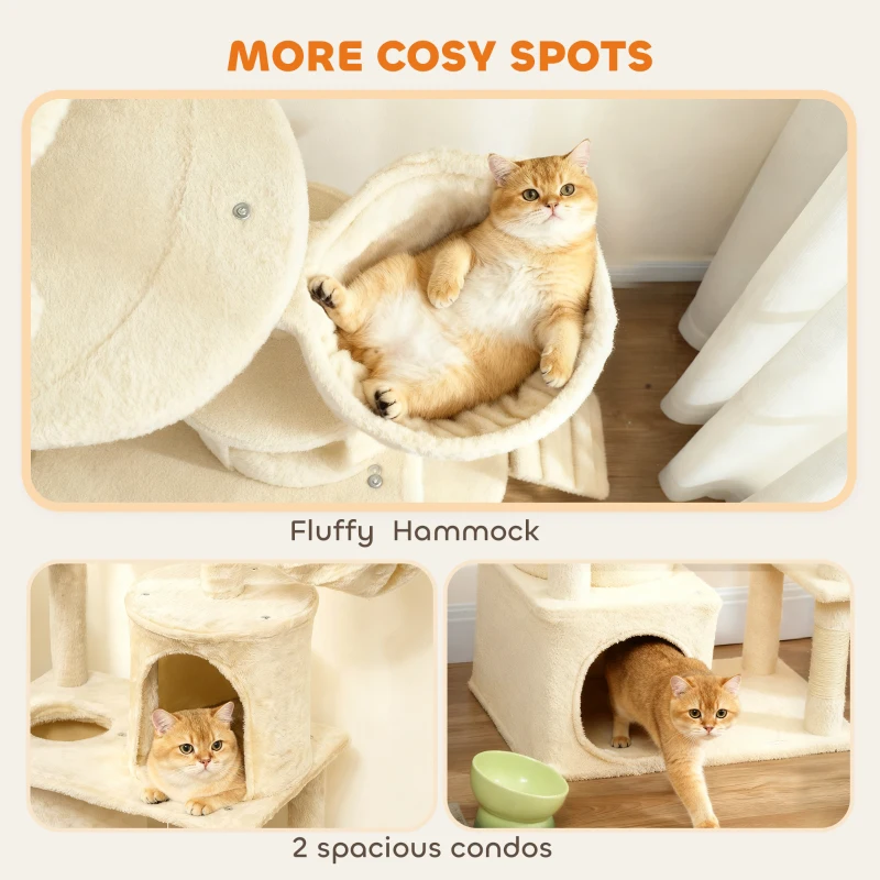 PawHut 67" Large Cat Tree with 7 Scratching Posts, Tunnel, 2 Condos, Hammock, Perch, Ramp, Pompoms, Beige