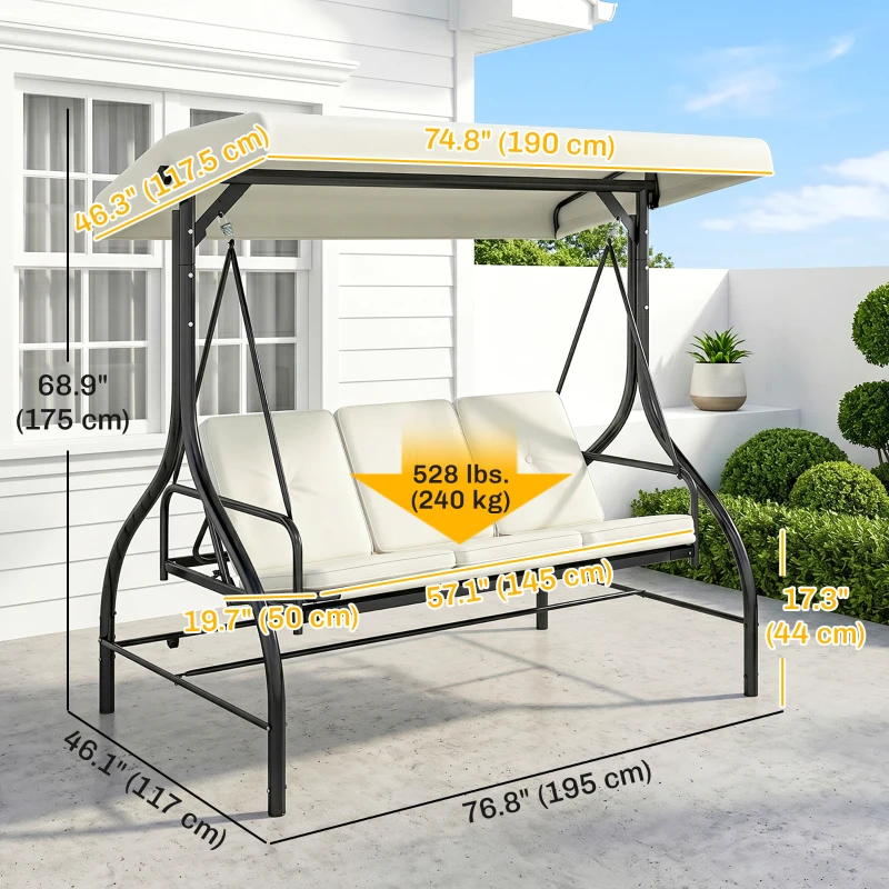 Outsunny Convertible Patio Swing Bed with Canopy and Cushions, 3 Seater Porch Swing for Outdoor, Backyard, Garden, Cream White