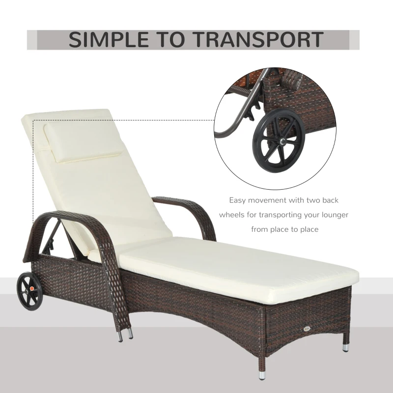 Outsunny Wicker Chaise Lounge, Outdoor Lounge Chair, PE Rattan Patio Sun lounger with Head-rest, 5-Level Height Adjust Backrest, Cushion & Wheels, Mixed Brown and Cream White