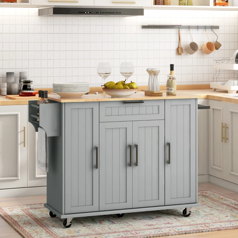 HOMCOM Modern Rolling Kitchen Island Cart with Drawers, Natural Wood Top, Towel Rack, Door Storage Cabinet, Grey