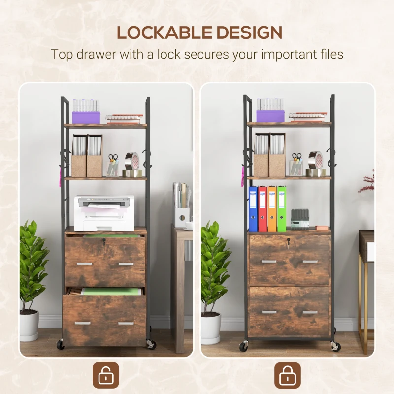 Vinsetto Mobile Filing Cabinet 2 Drawer File Cabinet with Key Adjustable Hanging Bar for Letter A4 and Legal Size Rustic Brown