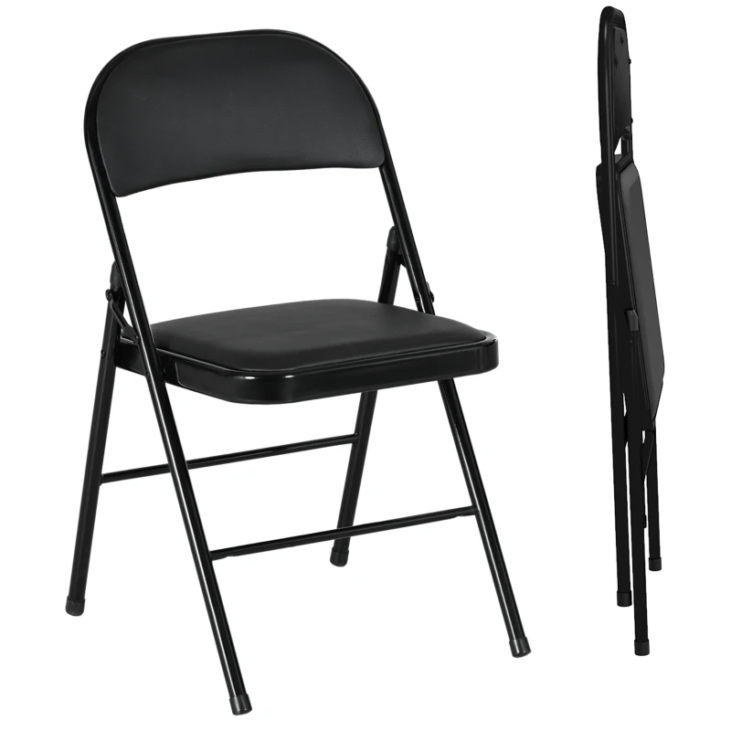 HOMCOM Set of 2 Metal Foldable Chairs, PU Leather Padded Folding Chairs with Cushion Seat and Open Back for Indoor, Black
