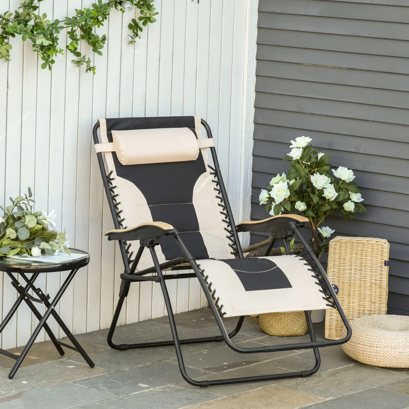 Outsunny Foldable Outdoor Lounge Chair with Footrest, Oversized Padded Zero Gravity Lounge Chair with Headrest, Cup Holders, Armrests for Camping, Lawn, Garden, Pool, Beige