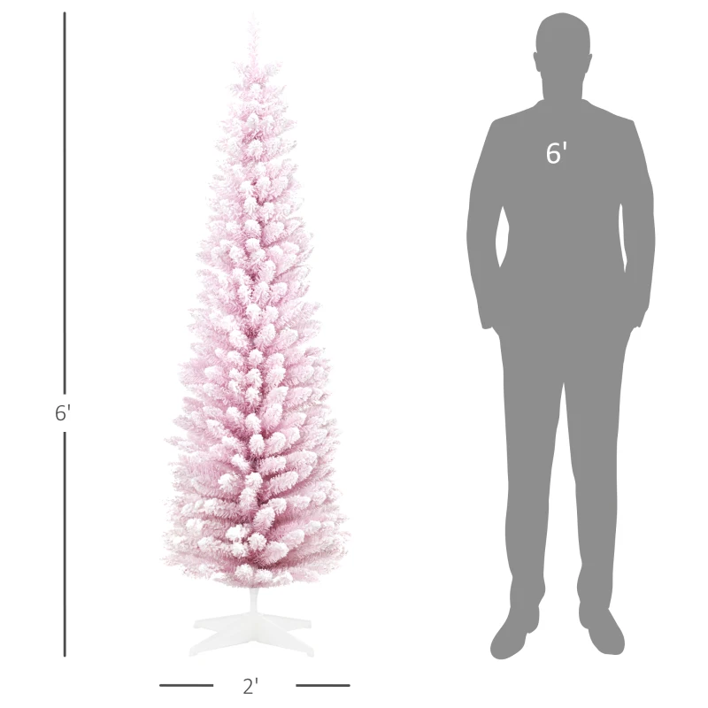 HOMCOM 6' Unlit Snow Flocked Slim Christmas Tree, Pink