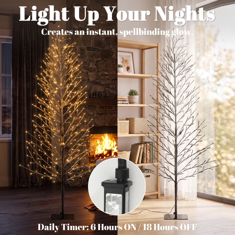 HOMCOM 6FT Lighted Snow-Flocked Twig Tree with Fairy Lights 328 LED, Artificial Tree for Home Indoor Sheltered Outdoor