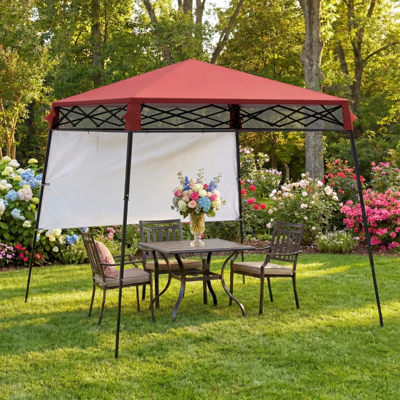 Outsunny 7' x 7' Garden Foldable Pop Up Gazebo Tent with Backpack & Inclined Legs Outdoor Party Canopy, Red & Black