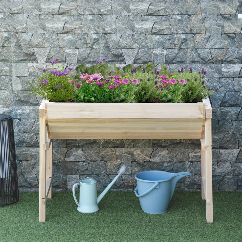 Outsunny 43" x 24" Raised Garden Bed, Wooden Elevated Planter Box with Non-Woven Fabric for Vegetable, Flower, Herb in Patio, Backyard and Balcony, Natural