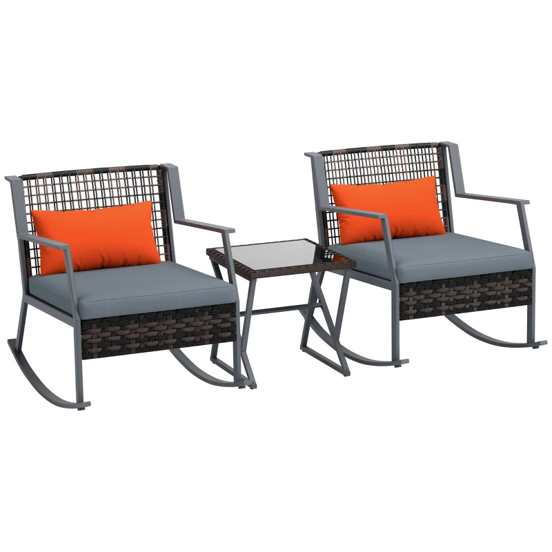 Outsunny 3 Pieces Rocking Bistro Set, Wicker Patio Furniture Set with Cushions and Glass Table for Porch, Balcony, Grey