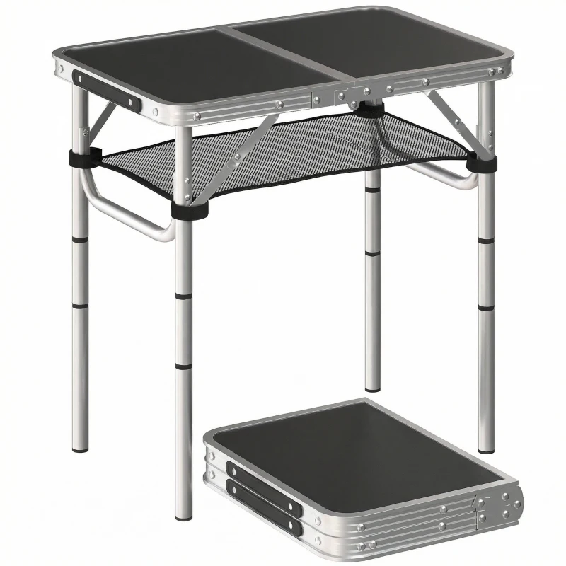 Outsunny 2ft Folding Camping Table, Picnic Table with Mesh Storage Layer, 4 Adjustable Heights and Carrying Handle, Black