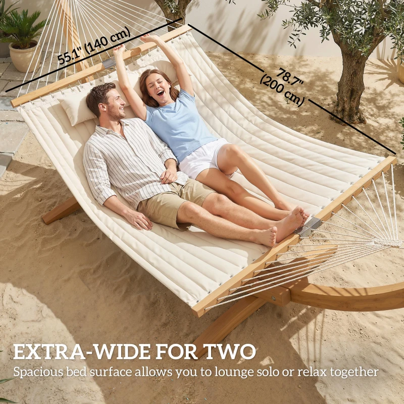 Outsunny Outdoor Hammock Padded Camping Hammock with Pillow & Spreader Bars 200 x 140 cm Cream White
