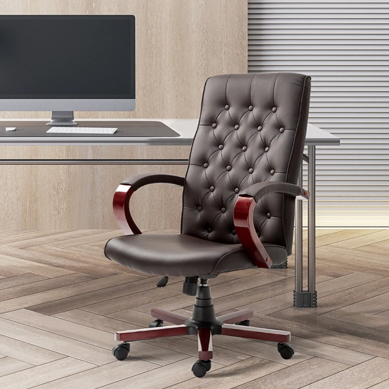 Vinsetto High Back Faux Leather Office Chair with Button Tufted Design, Executive Computer Desk Chair with Solid Wood Feet and Arms, Brown