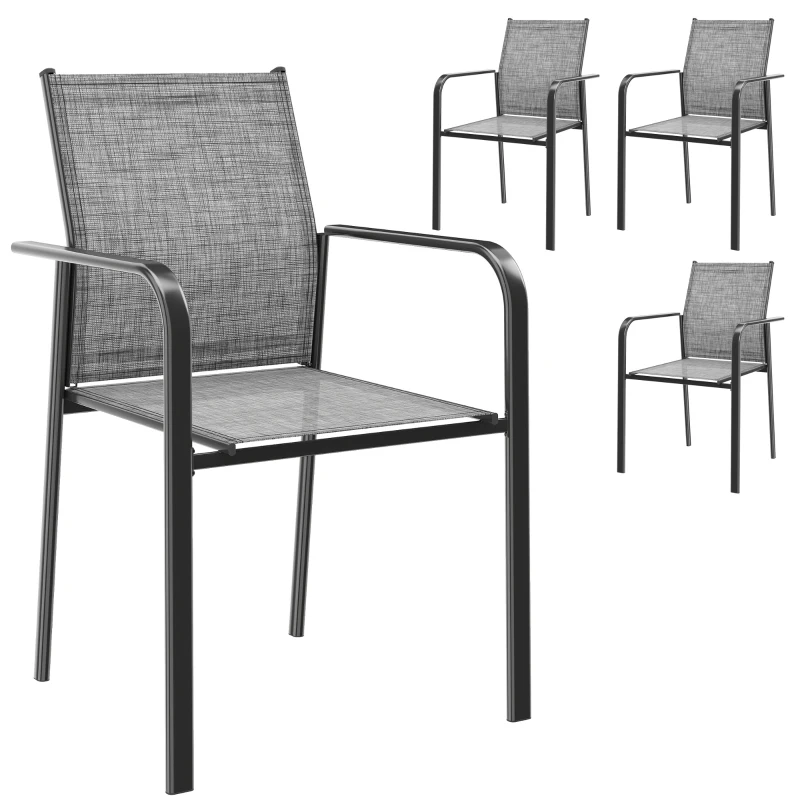 Outsunny Stackable Patio Chairs Set of 4, Outdoor Dining Chairs with 20" Deep Seat, All Weather Breathable Mesh, Armrests, Grey