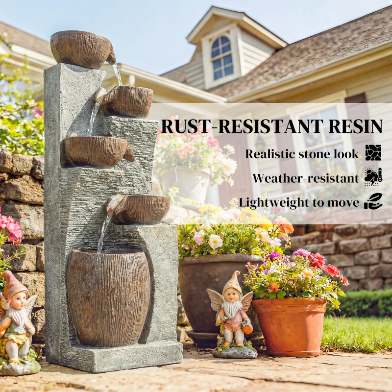 Outsunny Outdoor Cascading Rock Water Fountain, 5-Tier Waterfall Feature with LED Lights, Adjustable Flow, Grey and Rustic Brown