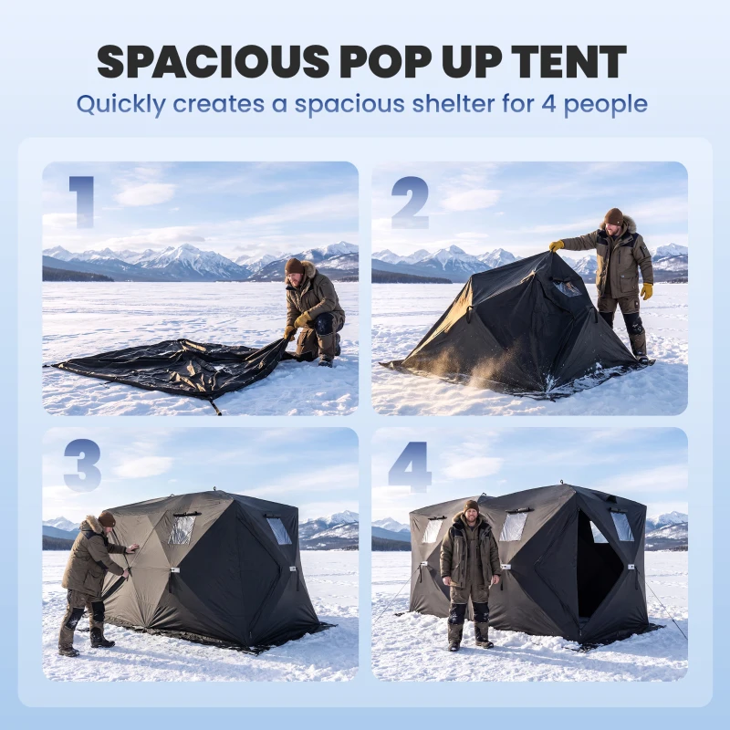 Outsunny 4 Person Pop-Up Ice Fishing Tent, Portable Ice Fishing Shelter With 4 Detachable Windows, Black