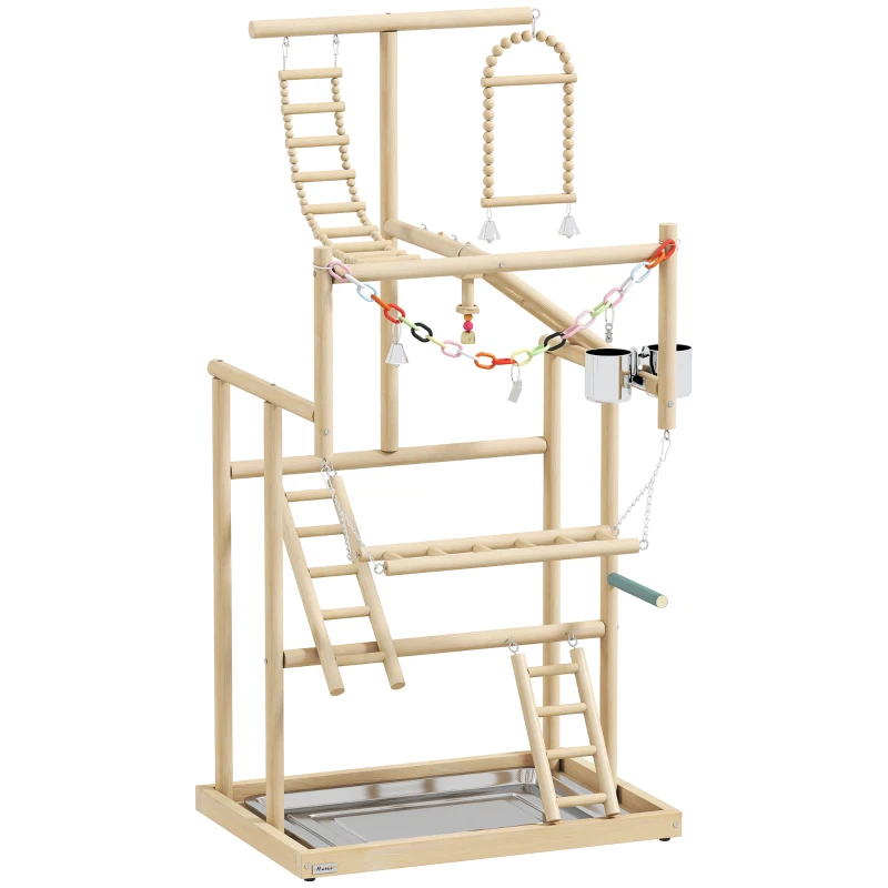 PawHut Bird Playground, 4 Layer Wooden Play Stand with Ladders, Chain Toy, Stainless Steel Cups and Tray for Small Birds