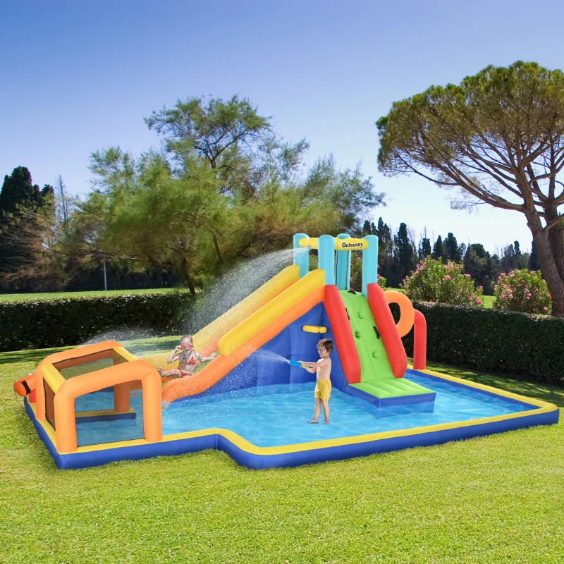 Outsunny 6 in 1 Kids Inflatable Bounce House with Slide, Pool, Climbing Wall, Water Cannon, Basketball Hoop, Football Stand
