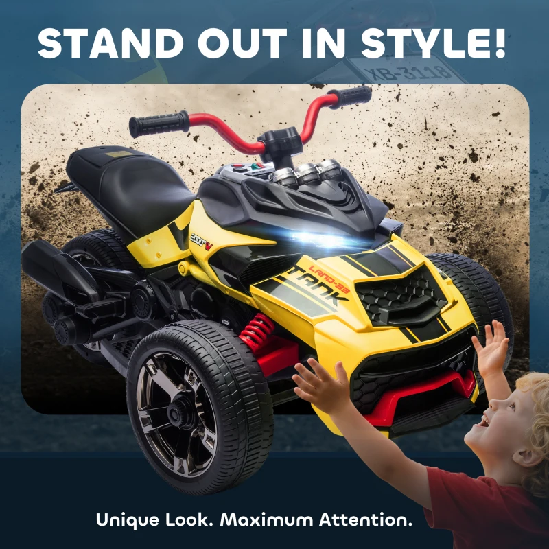 Qaba 12V Kids Ride On ATV with MP3 Player, Music, Horn, 2 Speeds, LED Lights, Gift for Boys & Girls, Yellow