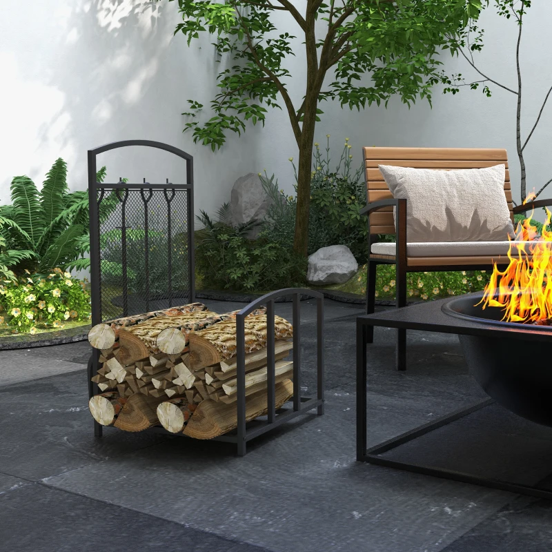 HOMCOM Firewood Rack Outdoor Indoor with 4-Piece Fireplace Tools, Firewood Holder Includes Poker, Tongs, Broom, Shovel, Wood Storage Log Holder for Fireplace, Wood Stove, Hearth or Fire Pit, Black