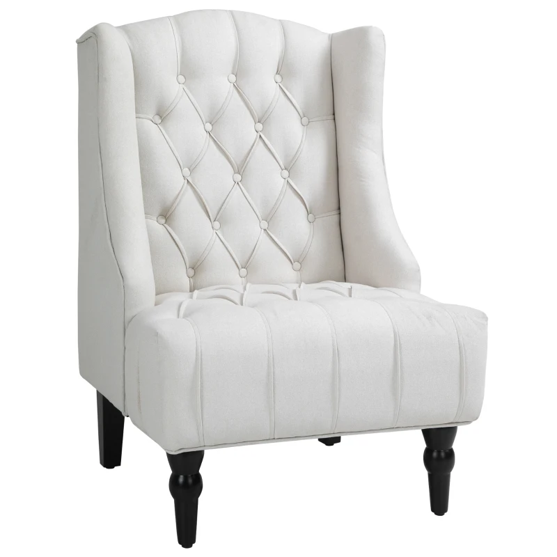 HOMCOM Linen Fabric Button Tufted Wingback Accent Chair with Thick Padded Cushioned Seats and Wooden Legs for Living Room and Bedroom, Beige