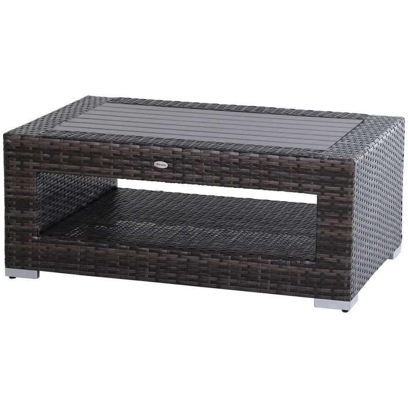 Outsunny Wicker Coffee Table with Height Adjustable Feet, 2 Tier Storage Shelf, Rattan Wicker Patio Table with Deluxe Slatted Top for Outdoor, Patio, Garden, Backyard, Mixed Grey