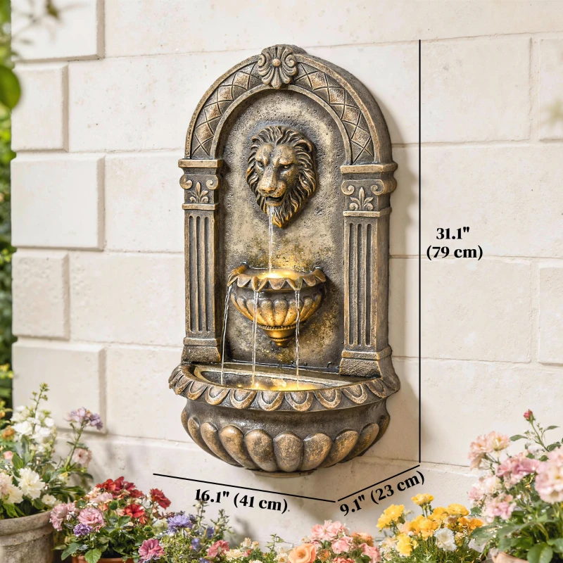 Outsunny Wall-Mounted 3-Tier Outdoor Fountain, Resin Cascading Waterfall with LED Lights and Adjustable Flow, Rustic Brown