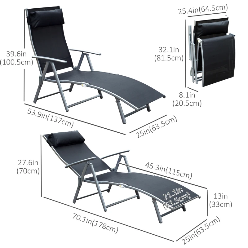 Outsunny Heavy-duty Adjustable Folding Reclining Chair Outdoor Sun Lounger Patio Chaise Lounge Garden Beach Gravity Lounge with Pillow, 7 Adjustable Backrest Positions, Black