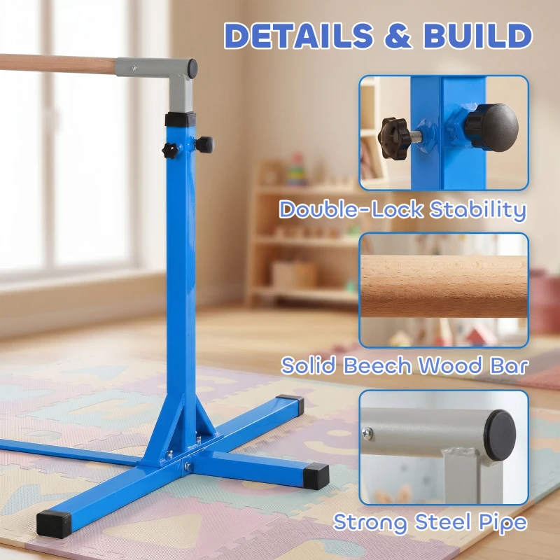 Soozier Professional Gymnastics Bar for Kids, Toddler Home Gymnastics Equipment with 13-level Adjustable Height, Blue