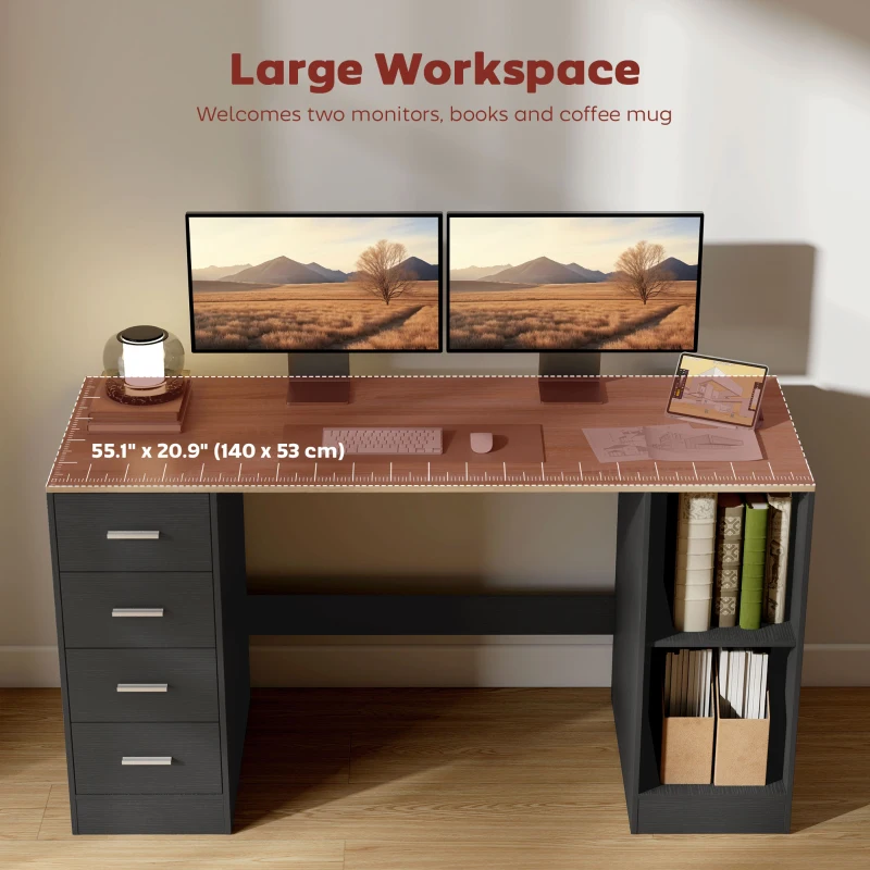 HOMCOM Office Desk, 55" Computer Desk with 4 Reversible Drawers, Mobile PC Stand, Adjustable Shelf, Black Wood Grain