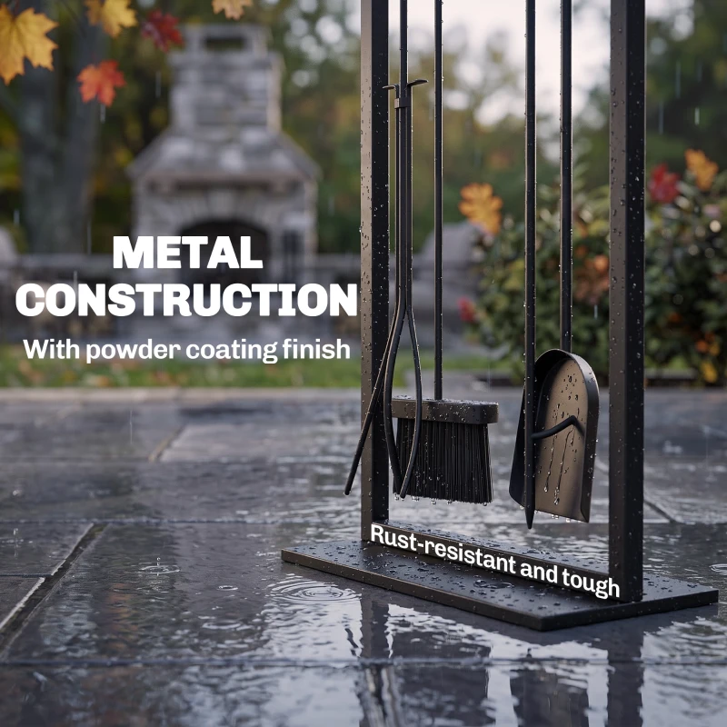 Outsunny Fireplace Tools Set 5 Pieces Metal Fire Place Kit with Brush, Shovel, Poker, A Pair of Tongs, Stand, Black