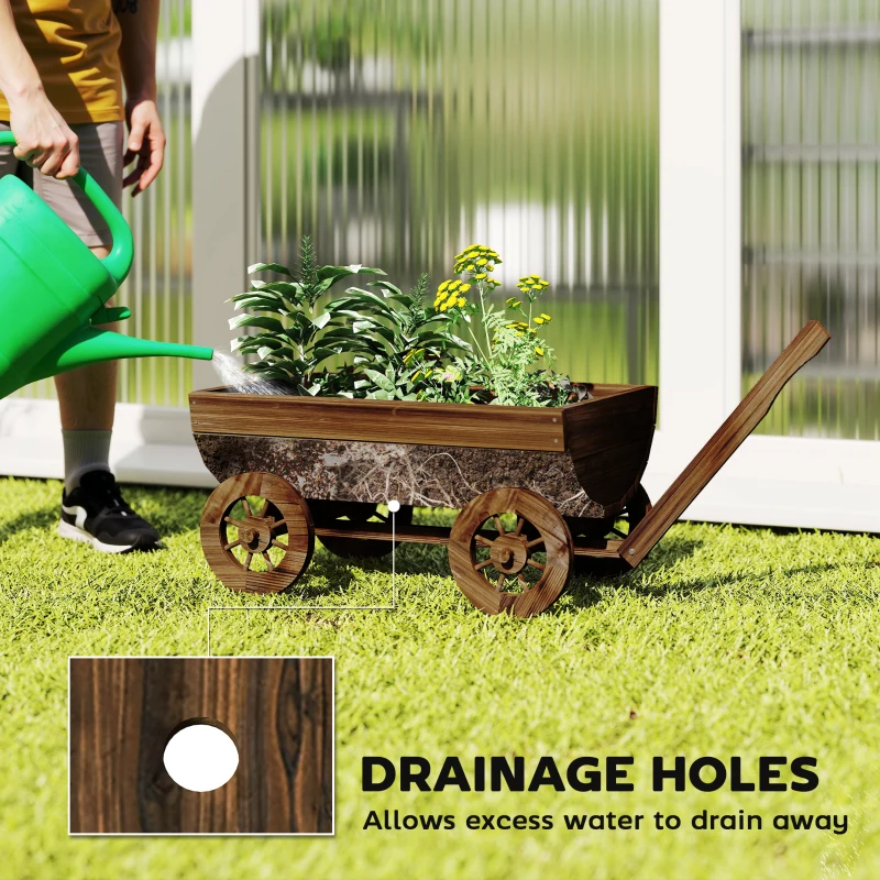 Outsunny Wooden Wagon Planter Box, Mobile Garden Planter with 4 Wheels, Small Wheelbarrow Wagon Flower Cart with Drainage Holes