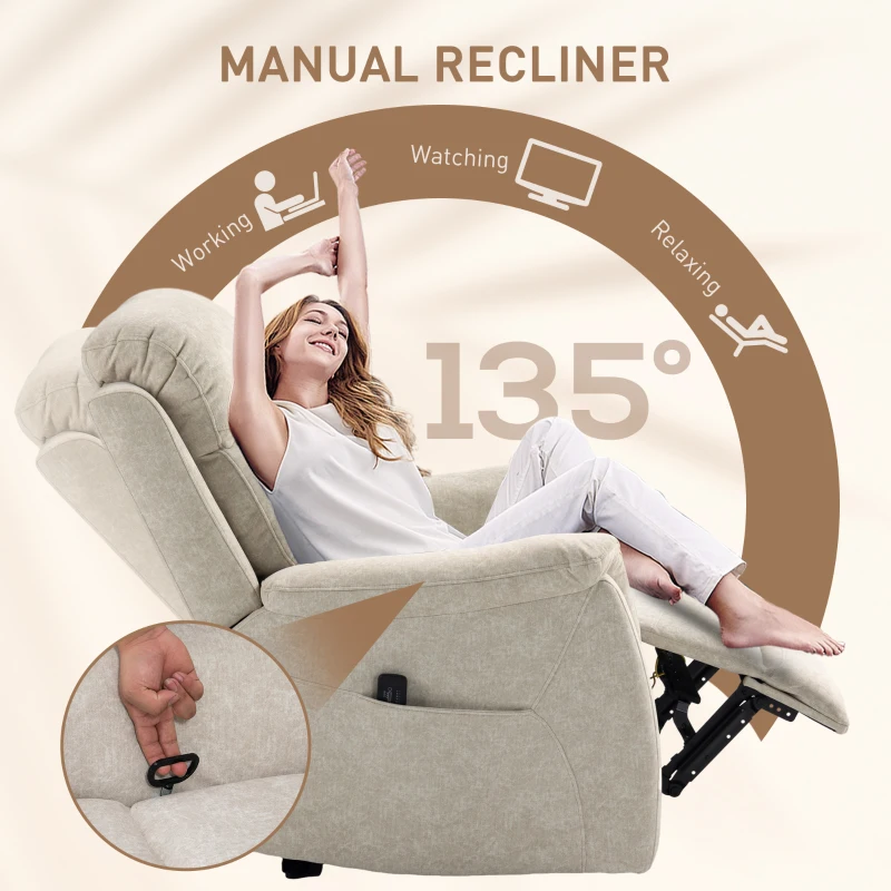 HOMCOM Manual Recliner Chair with Vibration Massage, Reclining Chair for Living Room with Side Pockets, Beige