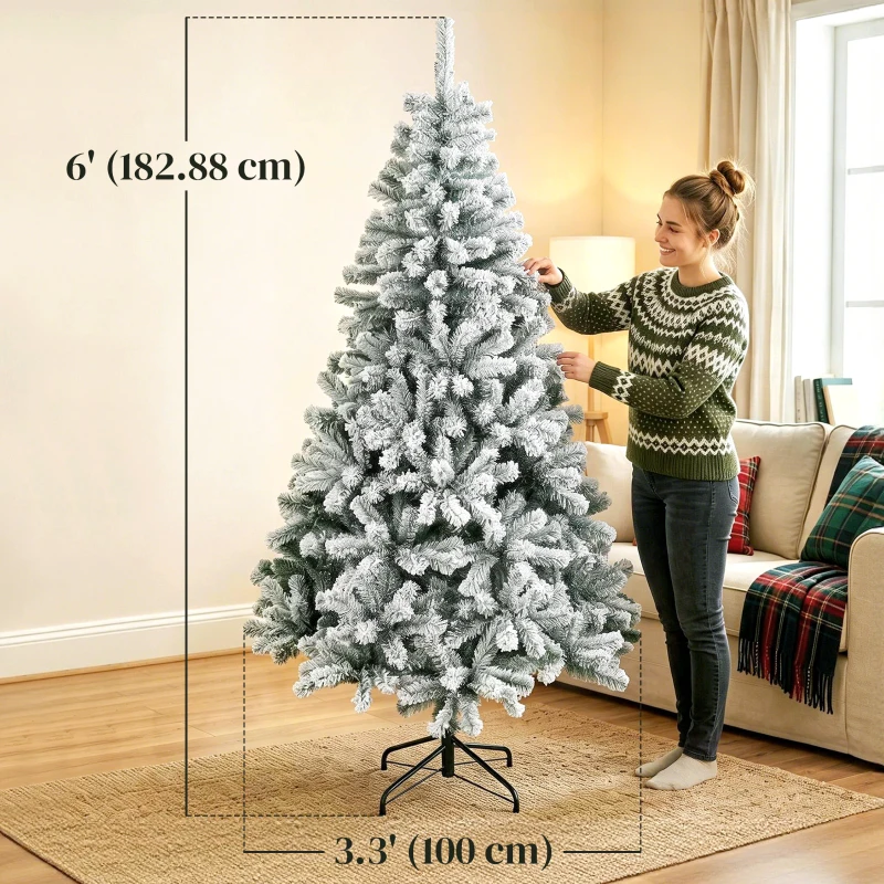 HOMCOM 6ft Snow Flocked Christmas Tree with 650 Branch Tips, Hinged Design, Artificial Fir Xmas Tree, Green and White