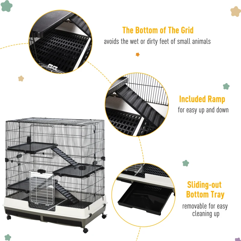 PawHut 43" Small Animal Cage with Wheels, 4-Level Portable Bunny Cage, Chinchilla Ferret Cage with Removable Tray, Platform and Ramp