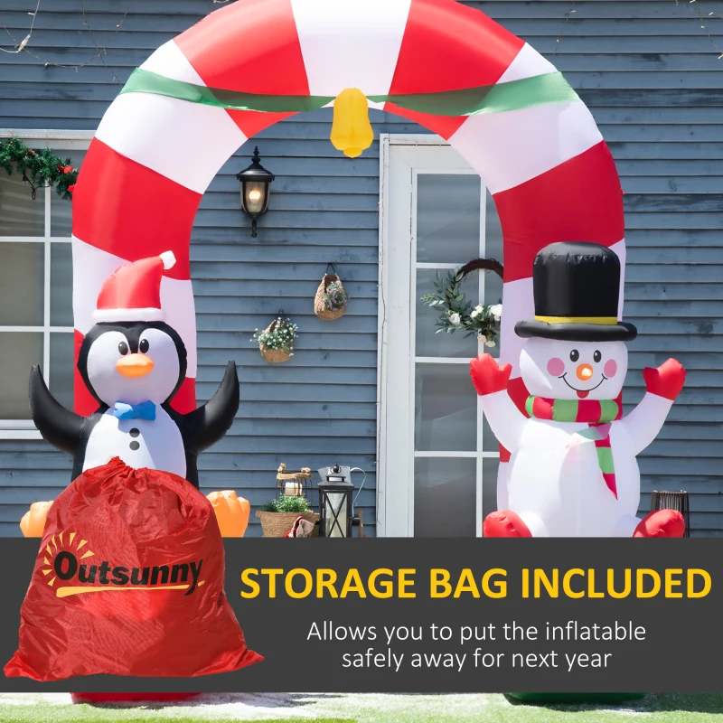 Outsunny 9ft Christmas Inflatable Candy Cane Archway with Penguin Snowman Sit on Gift Box, Blow-Up Outdoor LED Yard Display for Lawn Garden