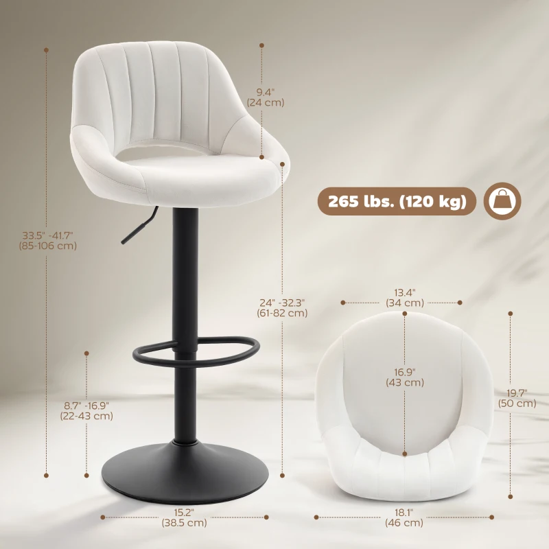 HOMCOM Bar Stools Set of 2, Swivel Counter Height Barstools with Adjustable Height and Cutout Back, Velvet Upholstered Bar Chairs with Round Metal Base and Footrest, Cream