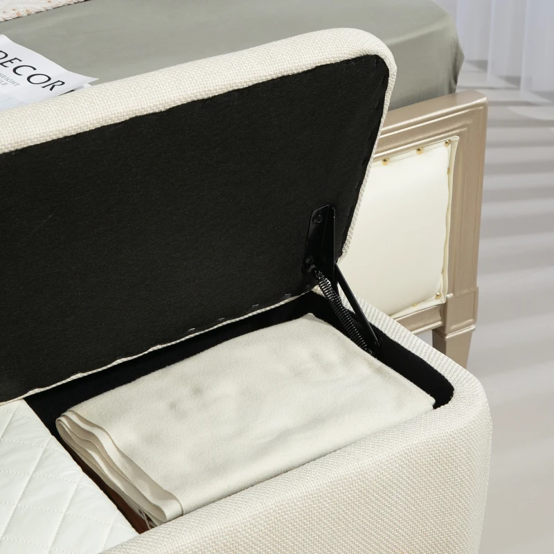 HOMCOM Storage Ottoman with Linen-Look Upholstery, Storage Bench with Safety Hinges and Wooden Legs for Bedroom, Cream White