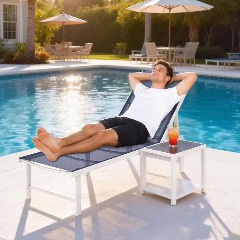 Outsunny Outdoor Lounge Chair, 5-Position Reclining Outdoor Chaise Lounge Tanning Chair with Mesh Seat, Dark Blue