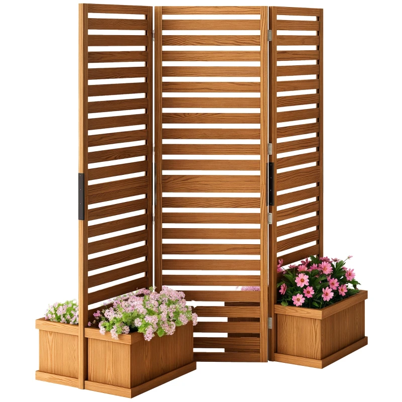Outsunny Outdoor Privacy Screen Wood Privacy Panel with 4 Planter Boxes, Raised Bed with 3 Panels, Drainage Holes, Natural