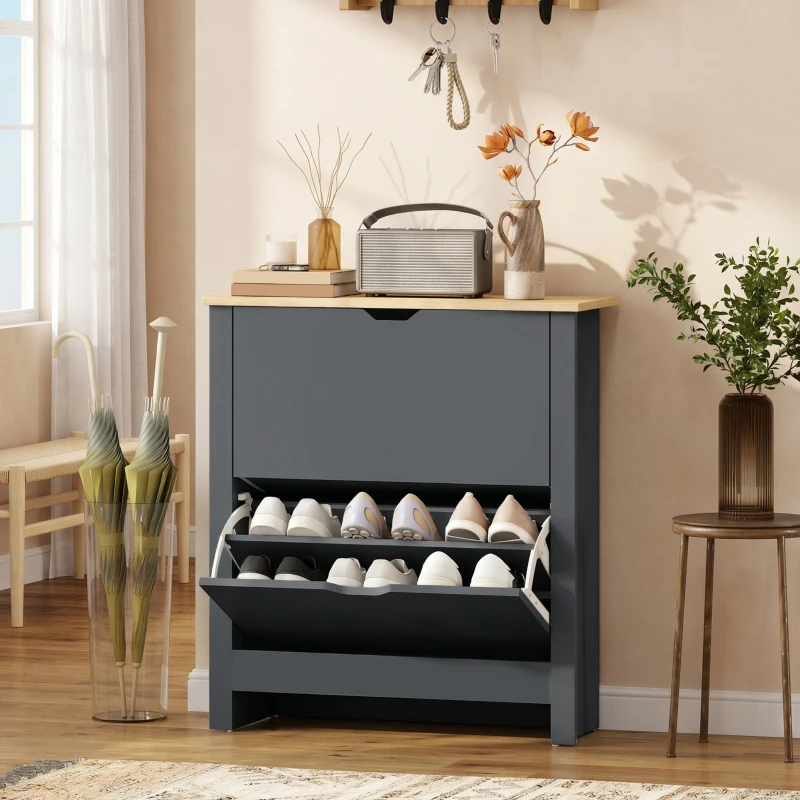 HOMCOM Shoe Storage Cabinet with 2 Flip Drawers and Adjustable Shelves for 8–12 Pairs of Shoes, Dark Grey
